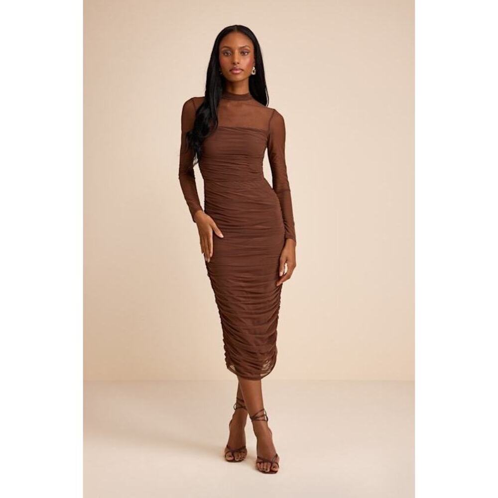 Lulus Impressive Flirt Brown Mesh Ruched Mock Neck Midi Dress - Size XXS